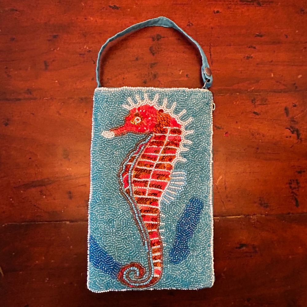 Bamboo Trading Co Seahorse Beaded Pouch Zipper w Shoulder Strap (not shown)